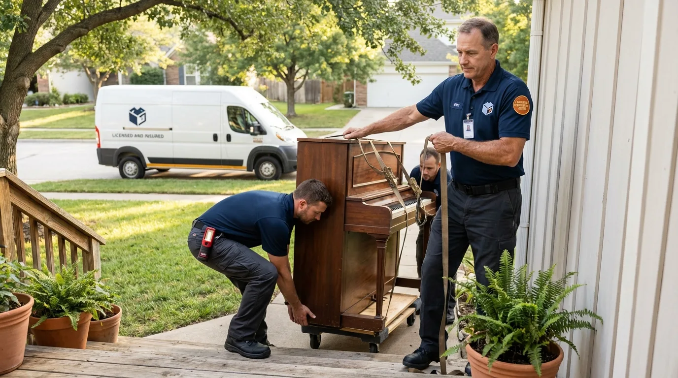 Licensed piano movers securing grand piano in Mamaroneck, NY