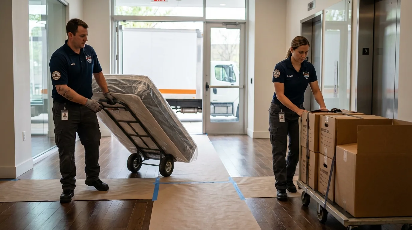 Professional apartment movers loading elevator in Mamaroneck, NY